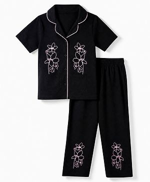 Pine Kids 100% Cotton Bio Washed Single Jersery 180 Gsm Knit Co-ord Shirt & Pajama Night Suit with Floral Print - Black
