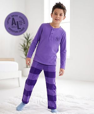 Pine Kids Cotton Knit Full Sleeves T-Shirt & Striped Pyjama Night Suit - Purple