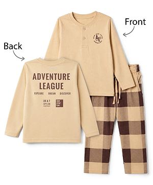 Pine Kids 100% Cotton Bio Washed Single Jersery 180 Gsm Knit Full Sleeves T-Shirt & Pajama Night Suit with Adventure League Text Print & Checks - Beige