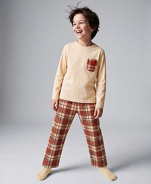 Pine Kids Cotton Knit Full Sleeves T-Shirt & Checks Pyjama Night Suit - Beige