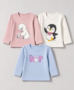 Babyoye 100% Cotton Knit Full Sleeves T-Shirts with Animal Print - Pink White & Blue