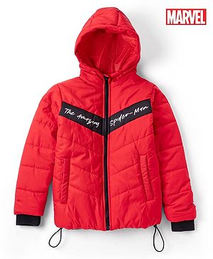 Pine Kids Marvel Woven Hooded Padded Winter Jacket with Full Sleeves and Text Print - Red