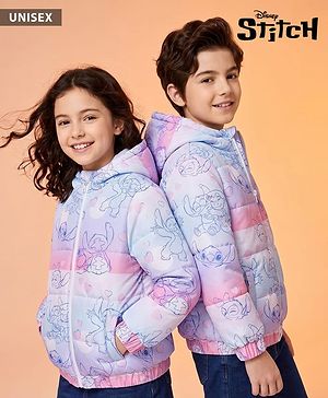 Pine Kids Disney Woven Full Sleeves Padded Hooded Jacket With Stitch Print - Purple & Pink