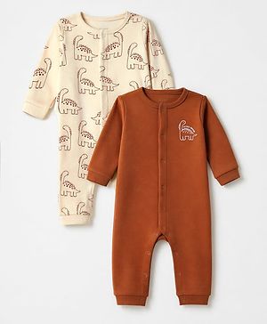 Babyhug 100% Cotton Interlock Knit Full Sleeves Rompers With Dino Print Pack of 2 - Brown & Beige