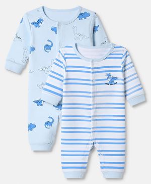 Babyhug 100% Cotton Interlock Knit Full Sleeves Rompers With Dino Print Pack of 2 - Sky Blue