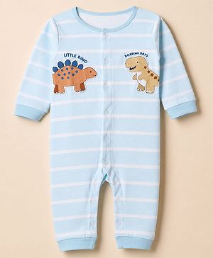 Babyhug 100% Cotton Interlock Knit Full Sleeves Romper with Dinosaur Applique and Stripes Print - Blue