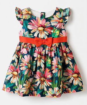 Babyhug Poplin Woven One Piece Dress with Frill Sleeves and Floral Print in Navy Blue