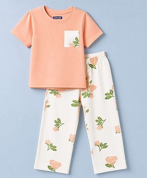 Pine Kids Cotton Knit Half sleeves T-Shirt & Pajama Night Suit With Floral Print -  White & Peach