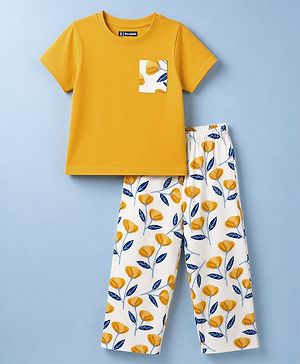 Pine Kids Cotton Knit Half Sleeves T-Shirt & Pyjama Night Suit With Floral Print - Yellow