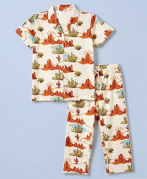 Pine Kids 100% Cotton Knit Bio Washed Single Jersery 180 Gsm Half Sleeves Co-ord Shirt & Pajama Night Suit with Dessert & Cactus Print - Off White