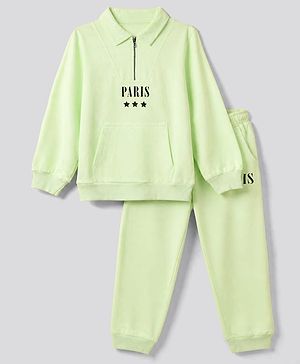 Pine Kids Looper Knit Full Sleeves Winter Wear Suit With Text Print - Limgreen