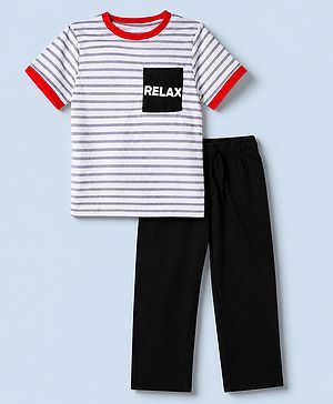 Pine Kids 100% Cotton Bio Washed Single Jersery 180 Gsm Knit T-Shirt & Pajama Night Suit with Stripes & Relax Print - White