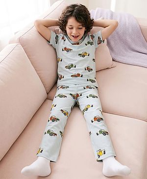 Pine Kids Cotton knit Half Sleeves Co-Ords T-Shirt & Pyjama Night Suit with Vehicle Print - Sky Blue