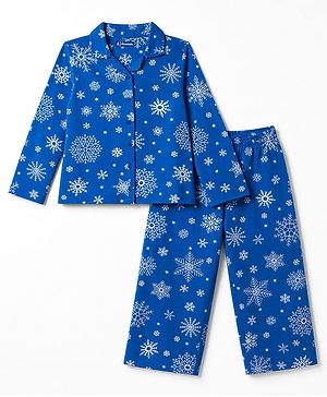 Pine Kids Cotton Knit Full Sleeves Shirt & Pajama Co-Ords Night Suit With Snowflakes  Print - Blue