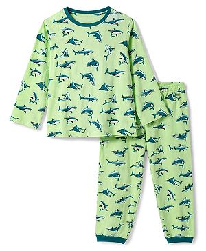 Pine Kids 100% Cotton Knit Full Sleeves T-Shirt & Pyjama Co-Ords Set With Whale Print - Limegreen