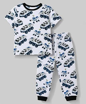 Pine Kids Cotton Knit Half Sleeves Vehicle Printed T-Shirt & Pyjama Co-Ords Night Suit - White & Blue