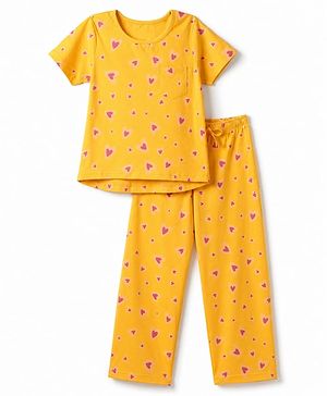 Pine Kids Cotton Knit Half Sleeves Co-Ords Top & Pyjama Night Suit with Heart Print - Yellow