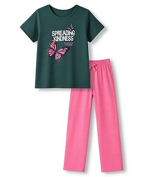 Pine Kids Cotton Knit Half Sleeves Top & Pyjama Night Suit with Text & Butterfly Print - Dark Green