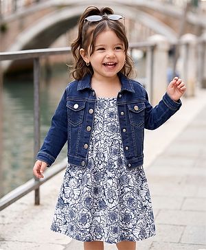 Babyhug Denim Frock with Jacket with Full Sleeves and Floral Print in White