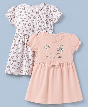 Babyhug Single Jersey Knit Frock with Half Sleeves and Hearts Print in Peach White Pack of 2