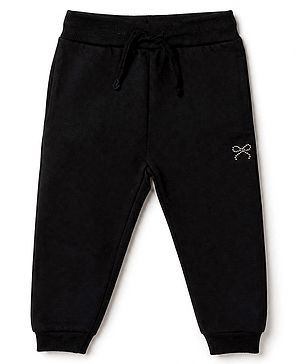 Babyhug 100% Cotton Looper Knit Full Length Lounge Pant With Bow Embellishment - Black