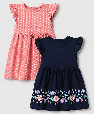 Babyhug Single Jersey Knit Knee Length Frock With Frill Sleeves Polka Dots and Floral Print Pack of 2 - Pink Navy Blue