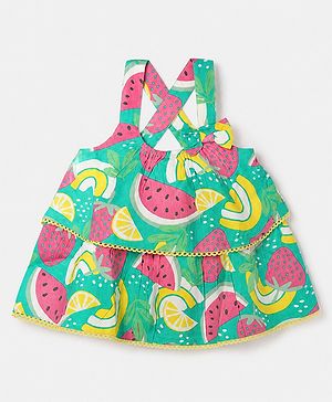 Babyhug 100% Cotton Woven Top with Sleeveless and Fruit Print in Green