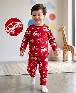 Babyhug 100% Cotton Knit Full Sleeves Co-Ords T-Shirt & Pyjama Night Suit with Vehicle Print - Red