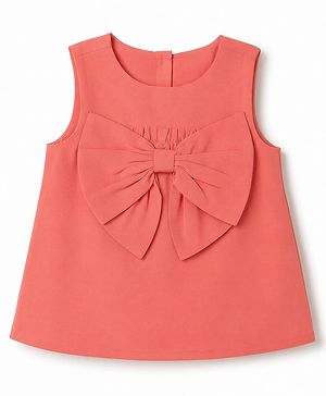 Babyhug 100% Cotton Woven Sleeveless Top with Bow Detailing - Dark Peach