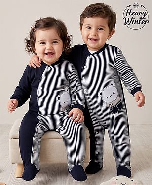 Babyhug Cotton Mixes Woven Heavy Polyfill Full Sleeves Footed Winter Wear Romper With Stripes & Teddy Bear Patch - Navy Blue