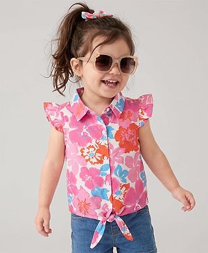 Babyhug 100% Cotton Woven Half Sleeves Knotted Top with Floral Print - Pink