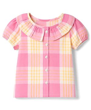 Babyhug Cotton Woven Half Sleeves Top with Checked Print -  Pink