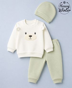 Babyhug Velour Knit Full Sleeves Winter Wear Suit Bear Print & Applique & Cap - Cream