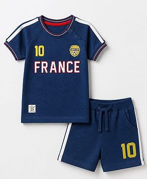 Babyhug 100% Cotton Single Jersey Knit Half Sleeves France Jersey Printed T-Shirt & Shorts Set - Navy
