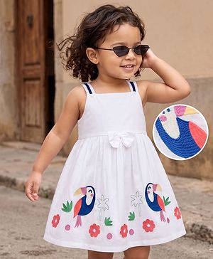 Babyhug Rayon Woven Sleeveless Dress with Toucan Embroidery - White