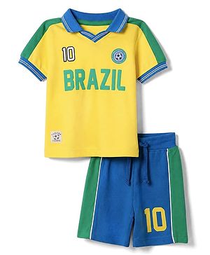 Babyhug 100% Cotton Single Jersey Knit Half Sleeves T-Shirt & Shorts Set With Text Print - Yellow & Blue
