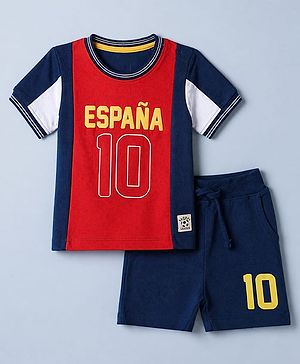 Babyhug 100% Cotton Single Jersey Knit Half Sleeves T-Shirt and Shorts Set with Espana Text Print - Red & Navy