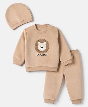 Babyhug Velour Knit Full Sleeves Winter Wear Suit With Lion Print & Cap - Tan