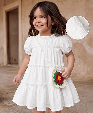 Babyhug Cotton Woven Dress and Purse with Half Sleeves in Offwhite