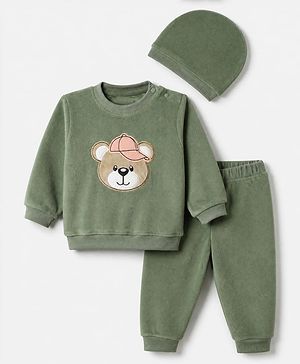 Babyhug Velour Knit Full Sleeves Winter T-Shirt and Jogger with Cap and Bear Patch - Dark Green