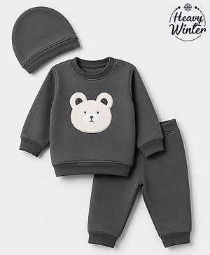 Babyhug Velour Knit Full Sleeves Winter Wear Suit With Bear Patch & Cap - Grey