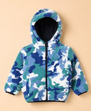 Babyhug Fur Woven Hoodies with Full Sleeves and Camouflage Print in Blue for 12-18 Months