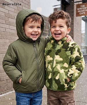 Babyhug Fur Woven Reversible Jackets with Full Sleeves and Camouflage Print in Olive Green
