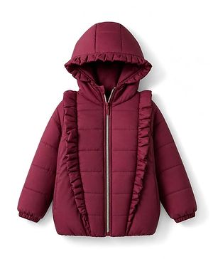 Babyhug Woven Full Sleeves Solid Colour Hooded Padded Jacket with Frill Detailing - Burgundy
