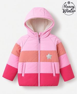 Babyhug Woven Padded Hooded Winter Jacket with Full Sleeves and Star Patch - Pink