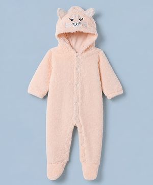 Babyhug Fur Woven Full Length Romper with Full Sleeves and Cat Face Embroidery - Peach