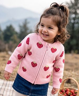 Babyhug Knit Front Open Sweater with Full Sleeves and Strawberry Design in Pink