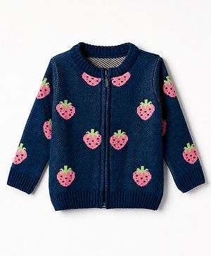 Babyhug Knit Front Open Sweater with Full Sleeves and Strawberry Design in Navy Blue