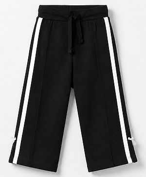 Babyhug 100% Cotton Looper Knit Full Length Lounge Pant With Tape Detailing & Bow Applique - Black