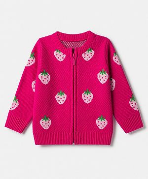 Babyhug Knit Front Open Sweaters with Full Sleeves and Strawberry Design in Pink